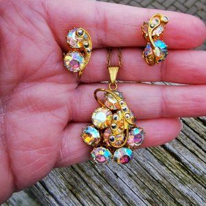 Vintage Gold Tone and Aurora Borealis Rhinestone Necklace and ClipOn Earring Set
